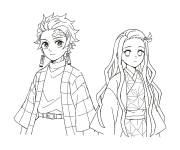 Coloriage Tanjiro et Nezuko fr&egrave;re et soeur