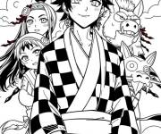 Coloriage Tanjiro et ses amis dans l'affiche de l'anime