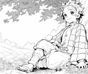Coloriage Tanjiro Kamado assis sous l'arbre