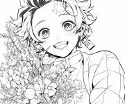 Coloriage Tanjiro Kamado avec un bouquet de fleur