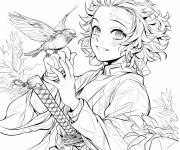 Coloriage Tanjiro Kamado avec un oiseau