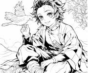 Coloriage Tanjiro Kamado avec une pigeon