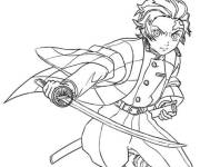 Coloriage Tanjiro Kamado en position d'attaque