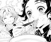 Coloriage Tanjiro Kamado et Nezuko en mangeant