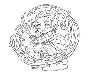 Coloriage Tanjiro kawaii en plein vol