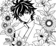 Coloriage Tanjiro parmi des fleurs