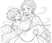 Coloriage Tanjiro portant Zenitsu qui rit