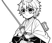 Coloriage Tanjiro s'assit avec son &eacute;p&eacute;e lev&eacute;e