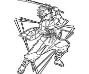 Coloriage Tanjiro se couvre avec une &eacute;p&eacute;e