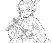 Coloriage Tanjiro souriant, tenant son &eacute;p&eacute;e
