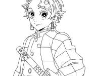 Coloriage Tanjiro tenant son &eacute;p&eacute;e