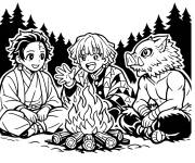 Coloriage Tanjiro, Zenitsu et Inosuke assis autour d'un feu de camp