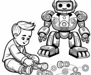 Coloriage Enfant qui construit un robot