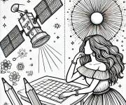 Coloriage Femme et satellite sur le theme de la technologie
