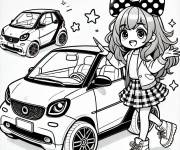Coloriage Fille devant une voiture &eacute;lectrique