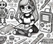 Coloriage Fille mignonne entour&eacute;e par des appareils intelligents