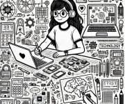 Coloriage Fille sur Laptop avec &eacute;l&eacute;ment de technologie