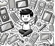 Coloriage Garcon entour&eacute; par plusieurs smartphones