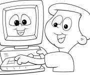 Coloriage Le garcon avec un ordinateur avec un visage