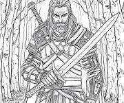 Coloriage Geralt brandissant son &eacute;p&eacute;e dans une for&ecirc;t myst&eacute;rieuse