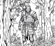 Coloriage Geralt en armure marchant dans la foret
