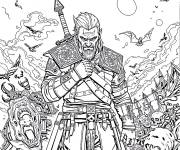 Coloriage The guerrier de The witcher parmi les monstres