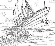 Coloriage Survivants du Titanic s'&eacute;loignant &agrave; la rame du Titanic qui coule