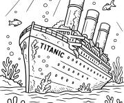 Coloriage Titanic au fond de l'oc&eacute;an parmi les poissons
