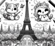 Coloriage et dessins gratuit Chats mignons sur la Tour Eiffel à imprimer