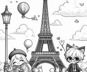 Coloriage et dessins gratuit Enfants devant la Tour Eiffel à imprimer