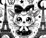 Coloriage et dessins gratuit Fille kawaii devant la Tour Eiffel à imprimer