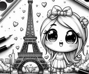 Coloriage et dessins gratuit Fille kawaii devant la Tour Eiffel de Paris à imprimer