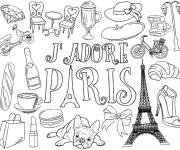 Coloriage J'adore Paris avec les &eacute;l&eacute;ments