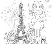 Coloriage Jolie fille parisienne devant la Tour Eiffel