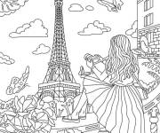 Coloriage La fille adore la nature de Paris et le vue de la Tour Eiffel