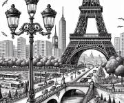 Coloriage Paysage d&eacute;taill&eacute; de la Tour Eiffel adulte