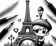 Coloriage Petit gar&ccedil;on Fran&ccedil;ais devant la Tour Eiffel