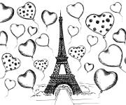 Coloriage Tour Eiffel avec des coeurs d'amour