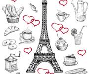 Coloriage Tour Eiffel entre les repas parisiens