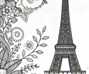 Coloriage Tour Eiffel et fleurs et papillon &agrave; Paris