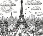 Coloriage Tour Eiffel sous les rayons de soleil