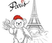 Coloriage Un ours en peluche devant la Tour Eiffel
