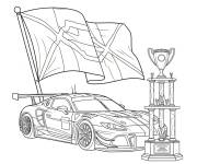 Coloriage Troph&eacute;e, voiture de course et drapeau