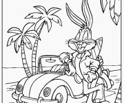 Coloriage Bugs Bunny devant sa voiture
