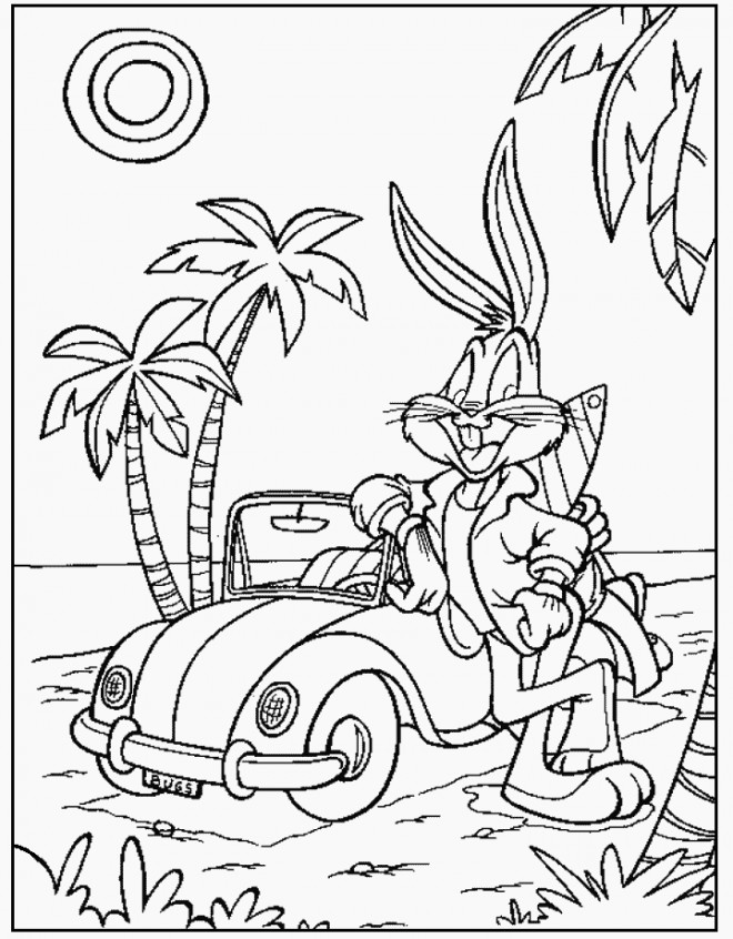 Coloriage et dessins gratuits Bugs Bunny devant sa voiture à imprimer