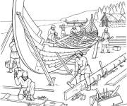 Coloriage Les Vikings construisent un bateau