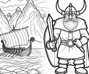 Coloriage Viking Guerrier devant les montagnes