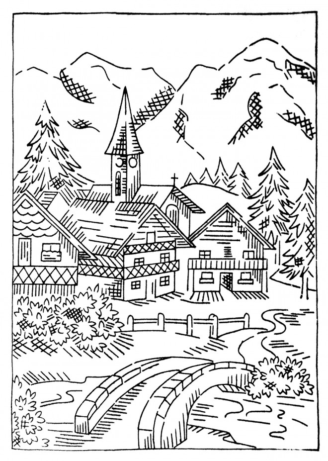 Coloriage et dessins gratuits Village de Montagne en couleur à imprimer