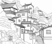 Coloriage B&acirc;timents d'une ville asiatiques en noir et blanc