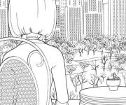 Coloriage Fille et la vue de la ville